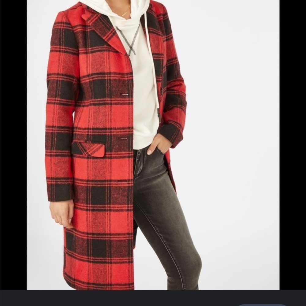 NWT! Just Fab Shoe Dazzle Red Plaid Long Wool Statement Coat S cabincore